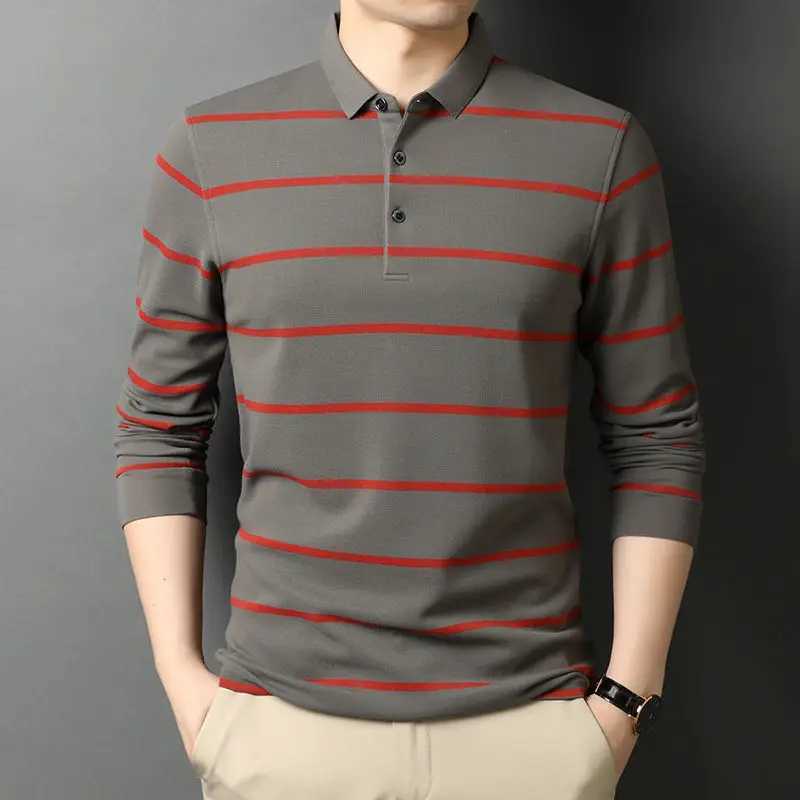 Fashion Mens Cotton Long Sv Shirt Spring and Autumn New Mens T-shirt Collar Basic Loose Casual Stripe Top 2022 W241106