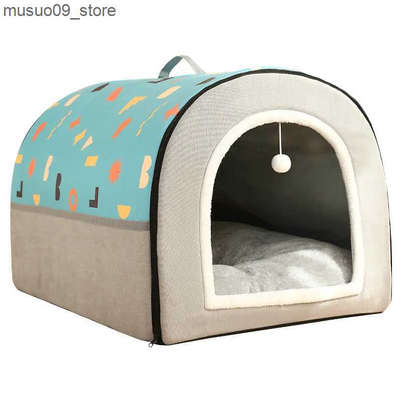 kennels pens 2-in-1 detachable cat bed with dog hole cat hiding home with ball pendant warm and washable comfortable big dog bed L240910