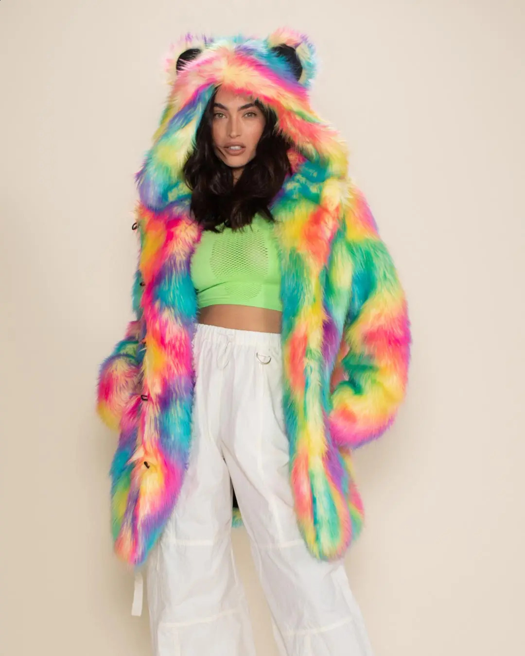 Colorful Personalized Faux Fur Coat Womens Fall And Winter Hooded Thick High Quality
