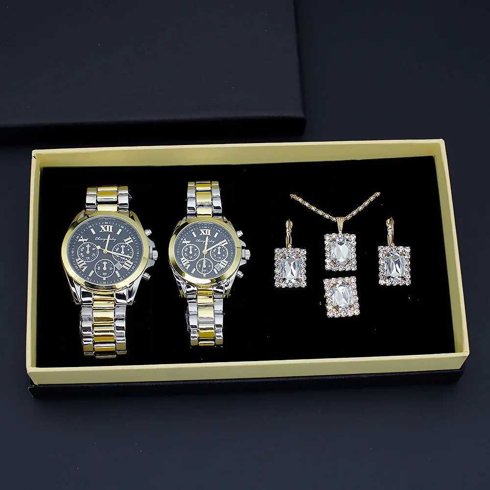 Couple Watch Set Luxury Elegant Steel Watch Mens Wenda Quartz Watch with Jewelry 6Pcs Set r Gift+Box X241106