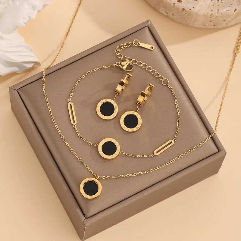 Fl 304 stainless steel black and white shell Ran digital O chain necklace bracelet earrings womens jewelry set X241106