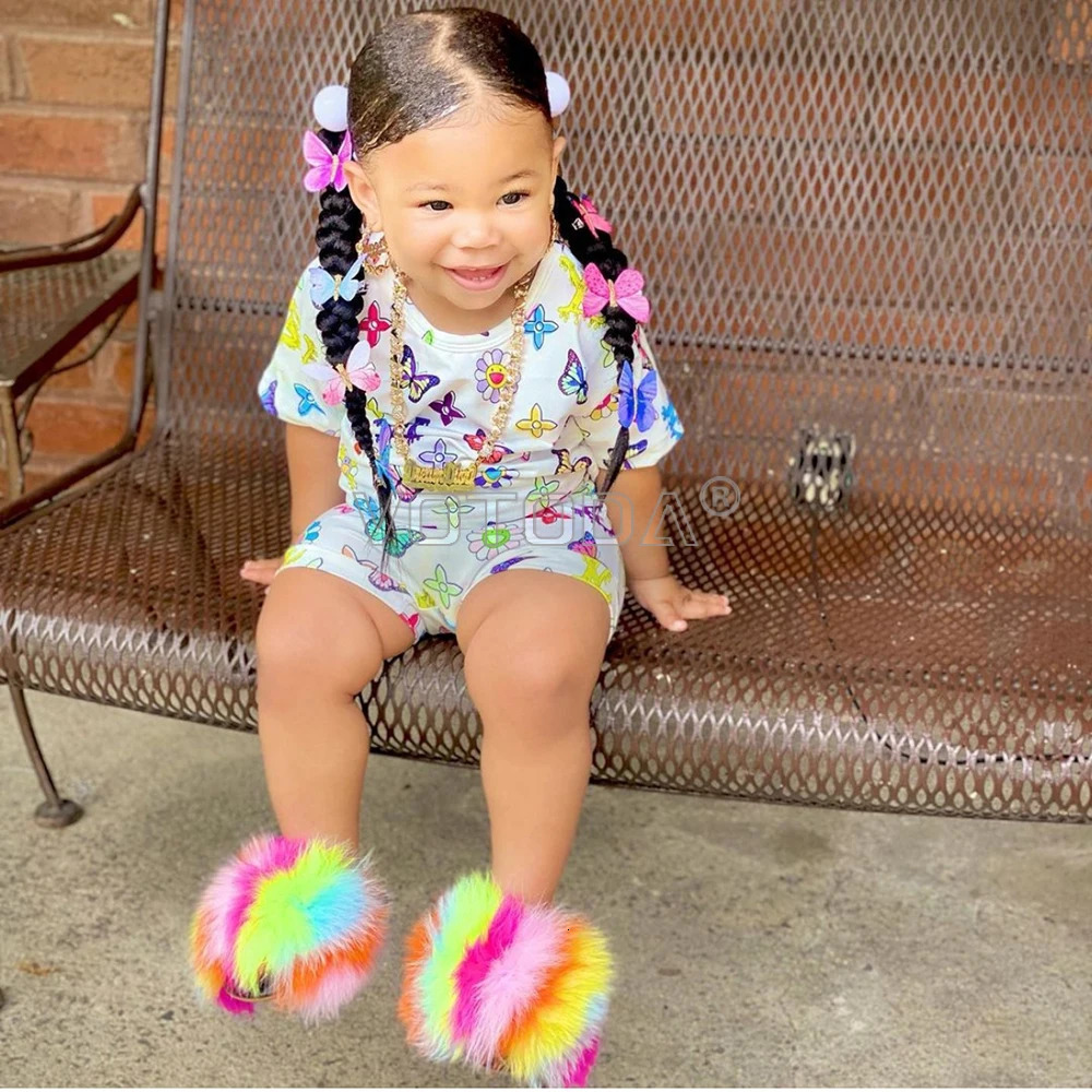 Fur Slides For Kids Furry Children Real Fur Slippers Strap Fluffy Raccoon Flip Flops Baby Sandals Girls Cute Funny Shoes Toddler 241106