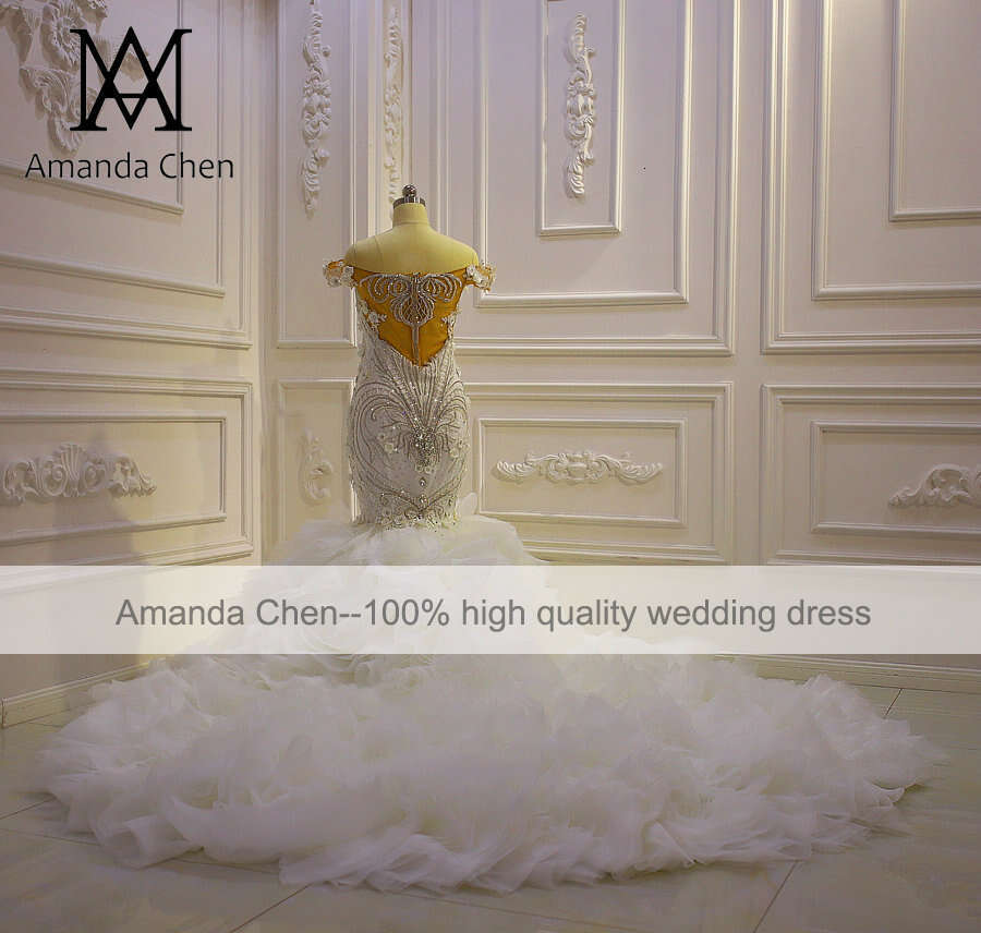 robe sirene mariage Off Shoulder Crystal Mermaid Ruffle Wedding Dress