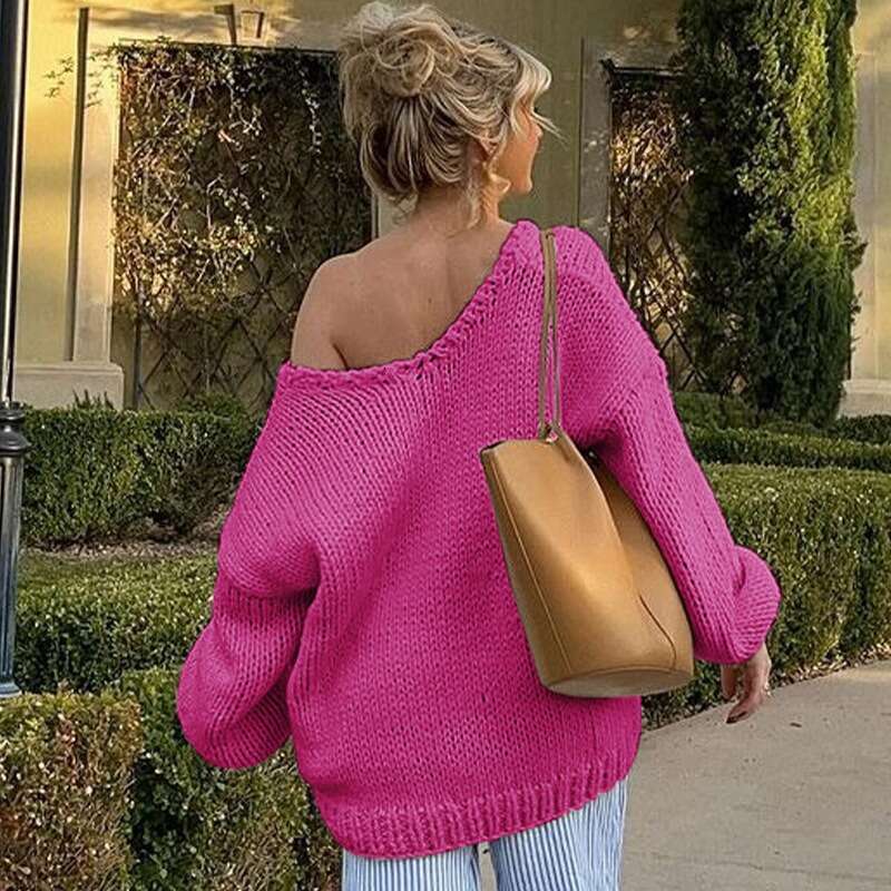 Talenza Knitted Off-Shoulder Women's Solid Color Casual Loose Large V-Neck Pullover Streetwear Slim Hollow Sweater Top