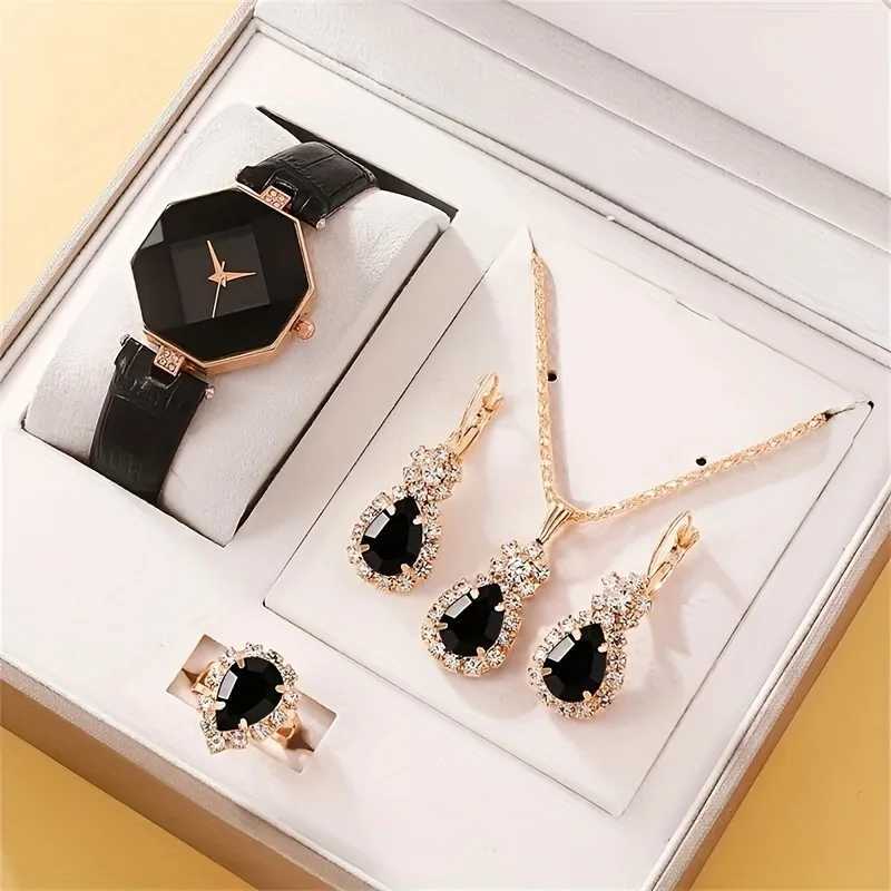 Wens Watch Polygon Pointer Quartz Watch Casual Rhinestone Simulation Watch 4-piece Jewelry Set Gift to M Her X241106