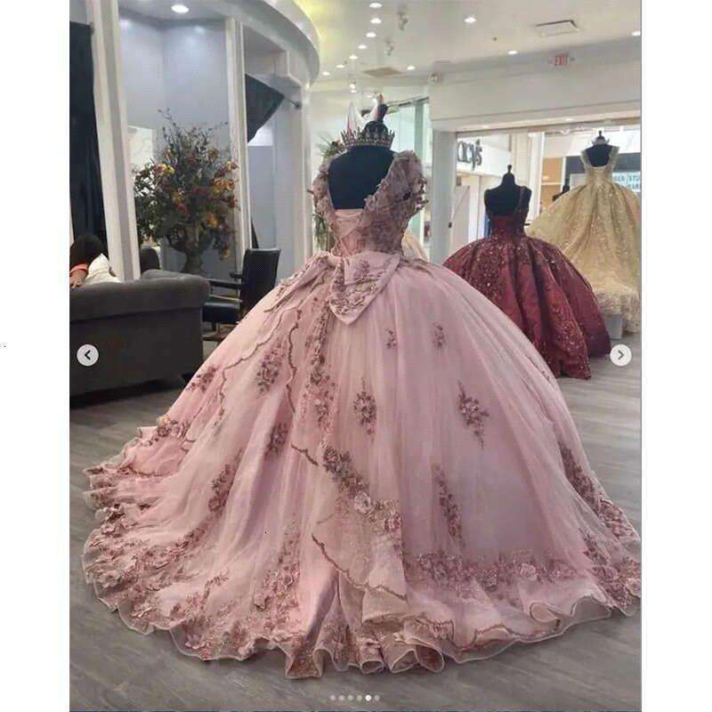 Haute Couture Glitter Rose Pink Quinceanera Dress Mexican Lace rals With Big Bow Sequin Vestidos Para Xv Birthday Party bc19728