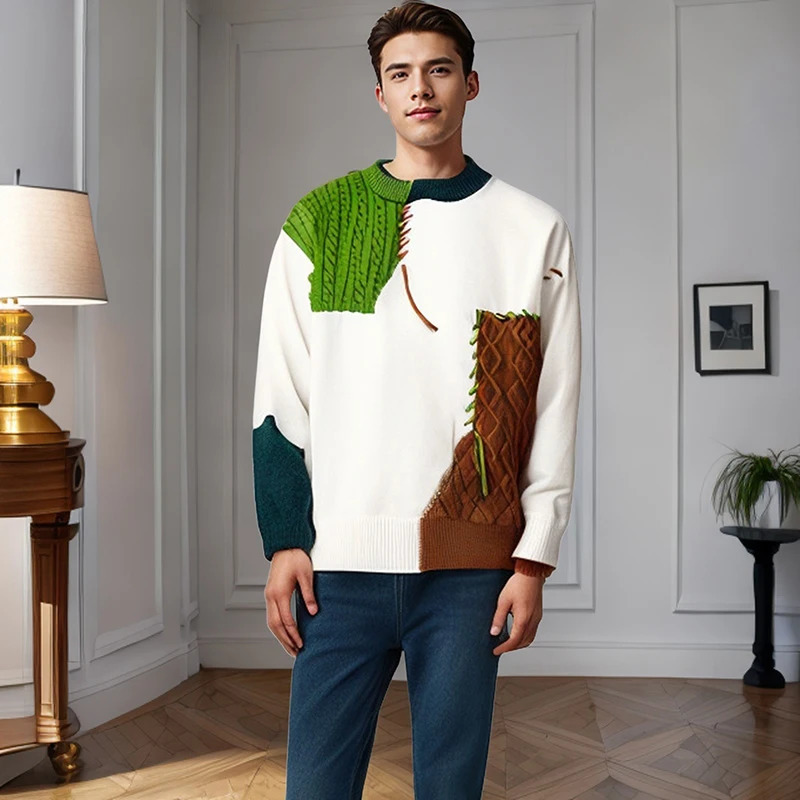 2024 Autumn Winter Warm Sweaters Patchwork Pullovers Korean Style Round Neck Knitted Sweater Men Women Fashion Knitwear 241106