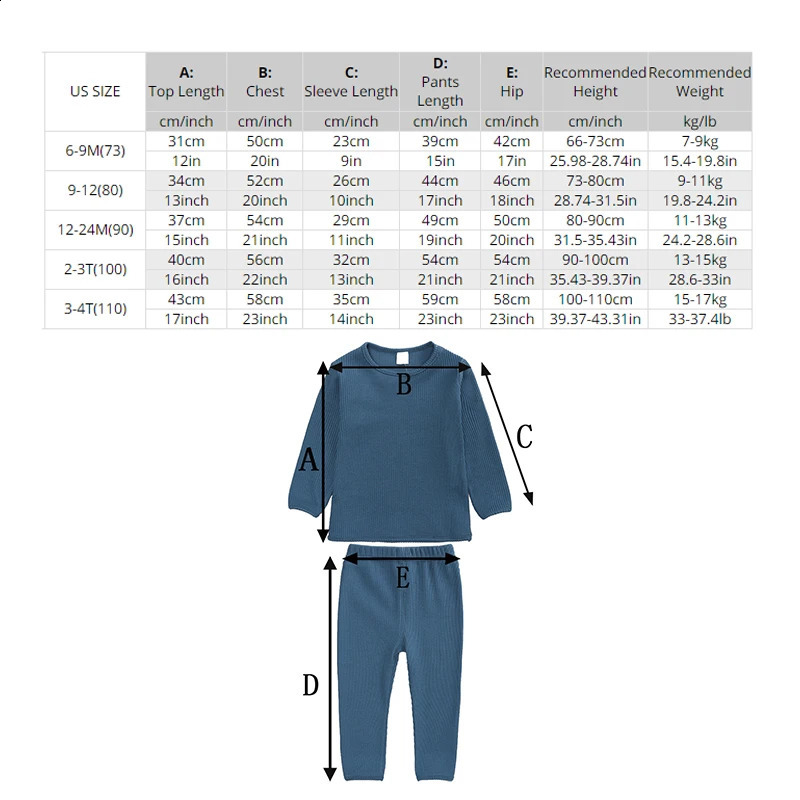 2024 Custom Toddler Kids Ribbed Knitting Pajamas Solid Cotton Winter Lounge Boy Girl Casual Pyjamas Children Warm Sleepwear 240327
