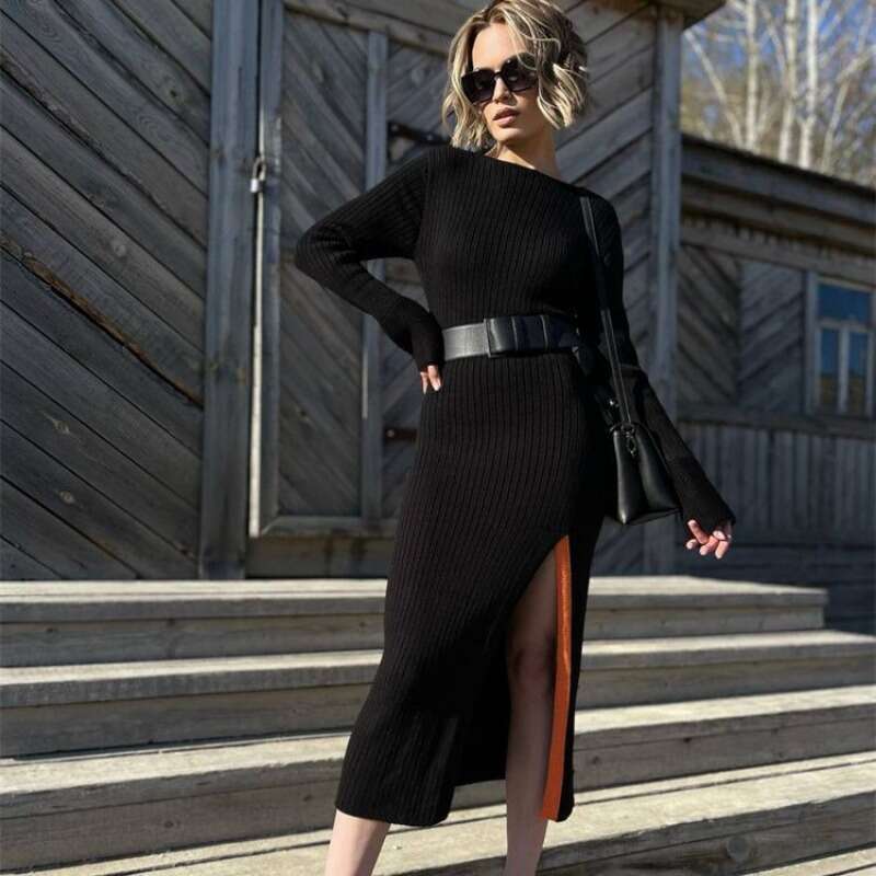 Talenza Women's Bodycon Sweater Fall Winter Slit Color Block Long Sleeve Knit Midi Elegant Slim Dress Robe Female