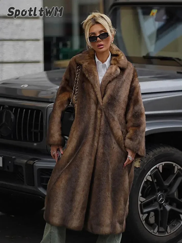 Womens Dark Brown Faux Fur Long Overcoat Single Breasted Fleece Trench Coat Winter Fluffy Plush Warm Thicken Outerwear 241104