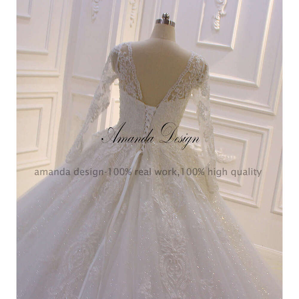 Amanda Design nikah elbisesi Long Sleeve Lace Appliques Shiny Wedding Dress