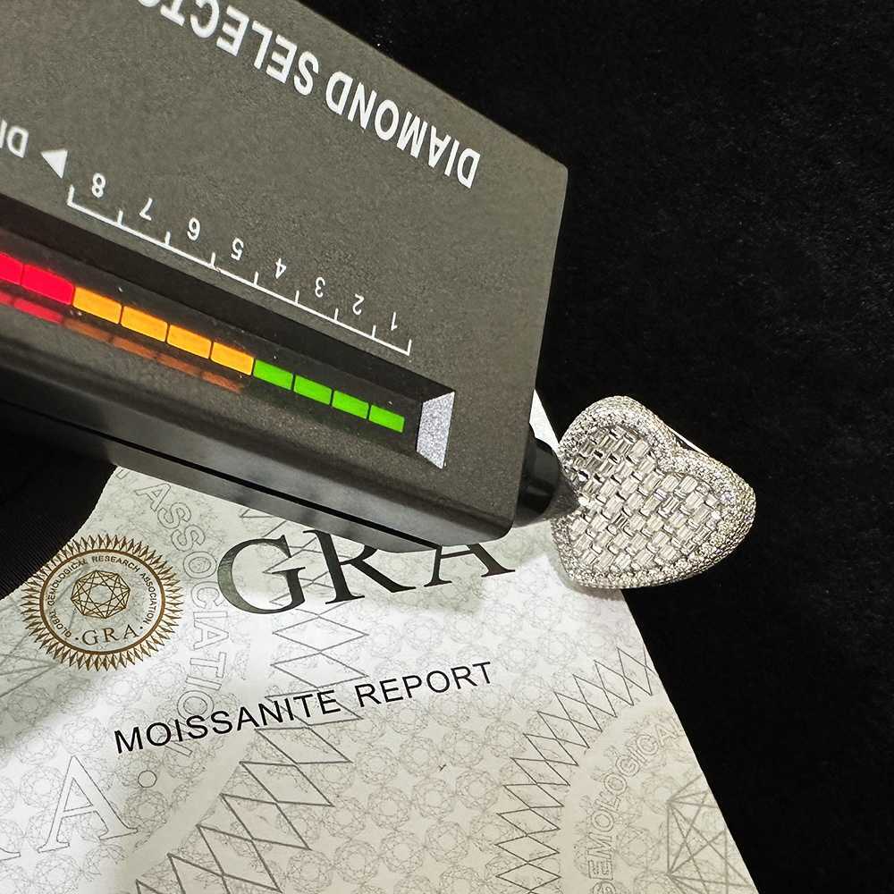 Pass Dia Tester S Sier Iced Out VVS Baguette Moissanite Heart Ring and Rappers Hip Hop Jewelry With GRA Certificate