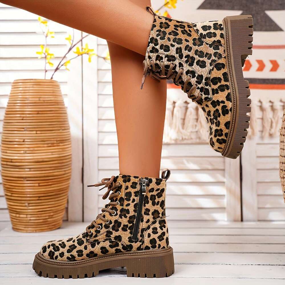 Mid Heel Womens Round Toe Leopard Print Ankle Boots Soft, Comfy, Block Heel, Lace Up, Rubber Sole, Fabric Upper - Perfect for Fall, Dress Ocn, Everyda