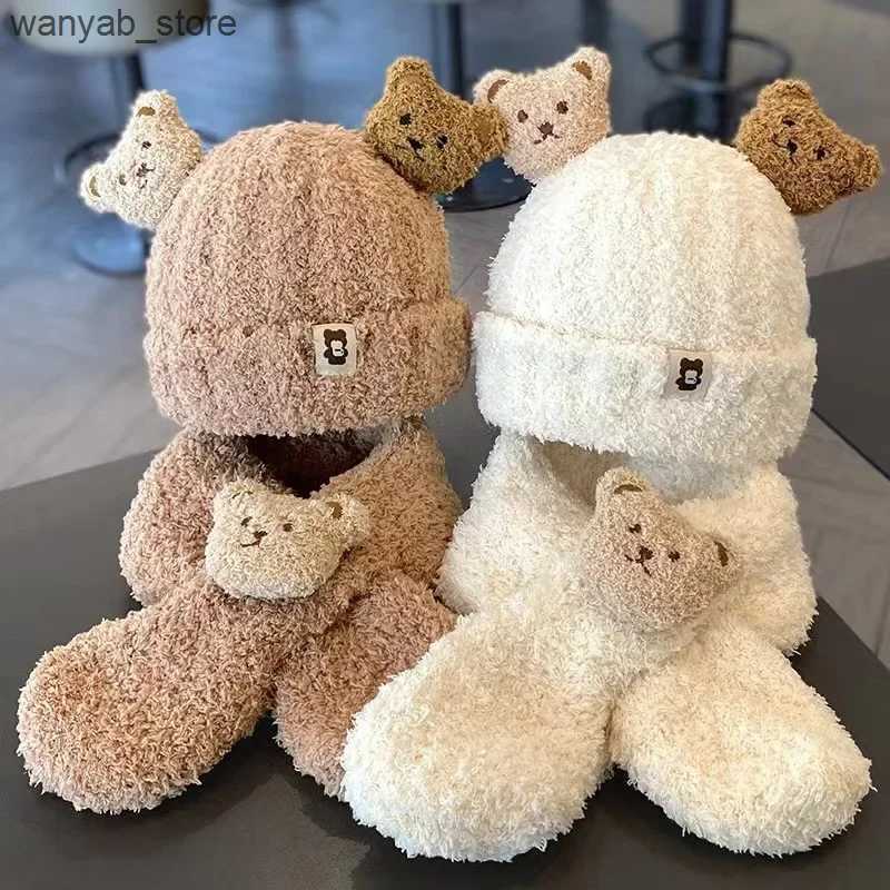 Wide Brim Hats Bucket Hats Winter Warm Baby Hat Bears Style Cute Ear Protection Knitted Hat with Velvet Warmth Scarf Set L240910