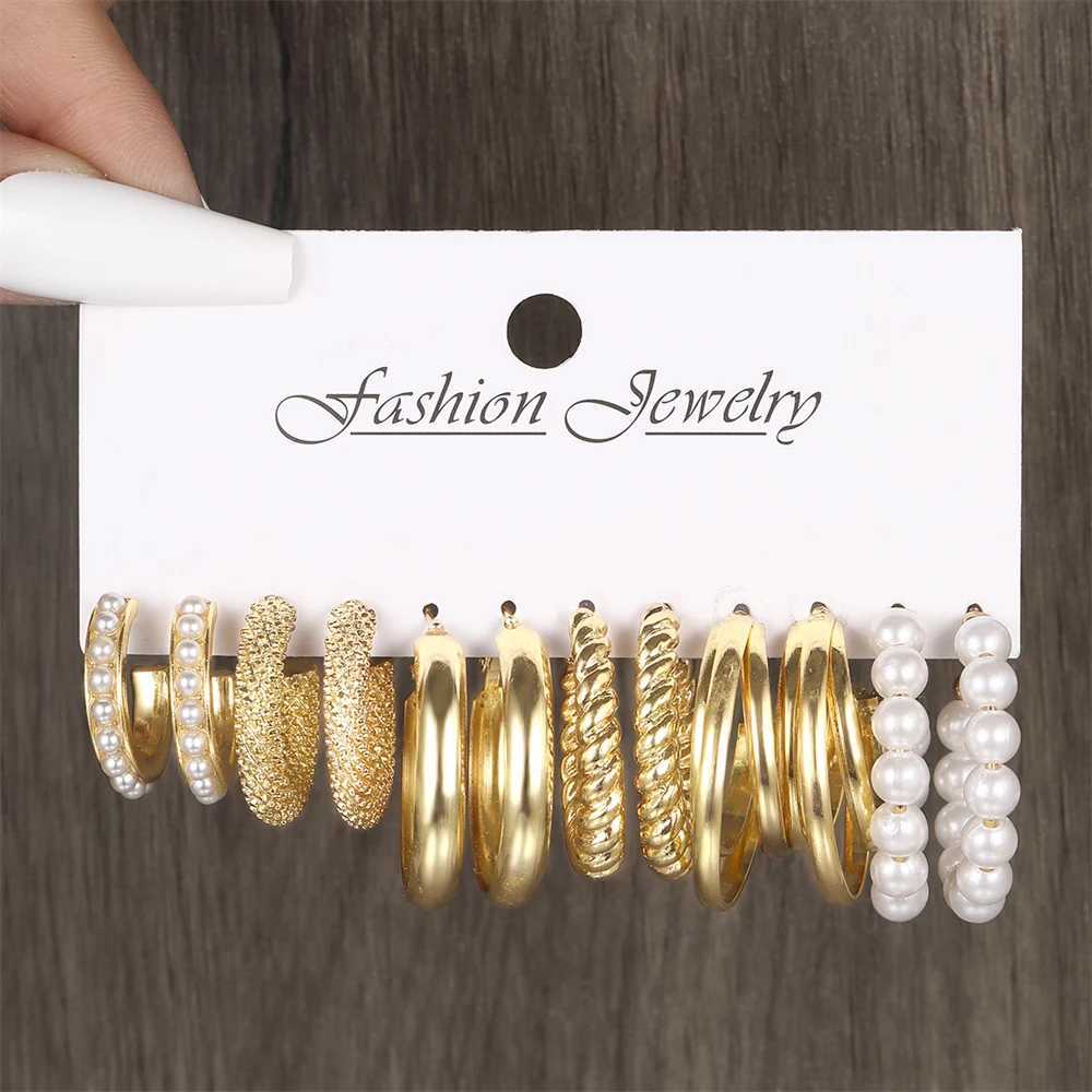 6-24 pairs of retro Geely glossy gold-plated metal pearl ring earrings set suitable for girls daily round earrings and jewelry X241106
