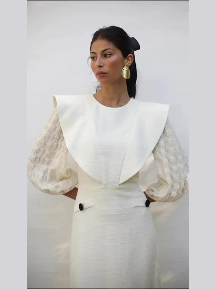 Elegant Solid Ruffled Hem Midi Dress For Women Chic Round Neck Long Lantern Sleeve Vestidos Spring Female Party Fashion Robe 240325