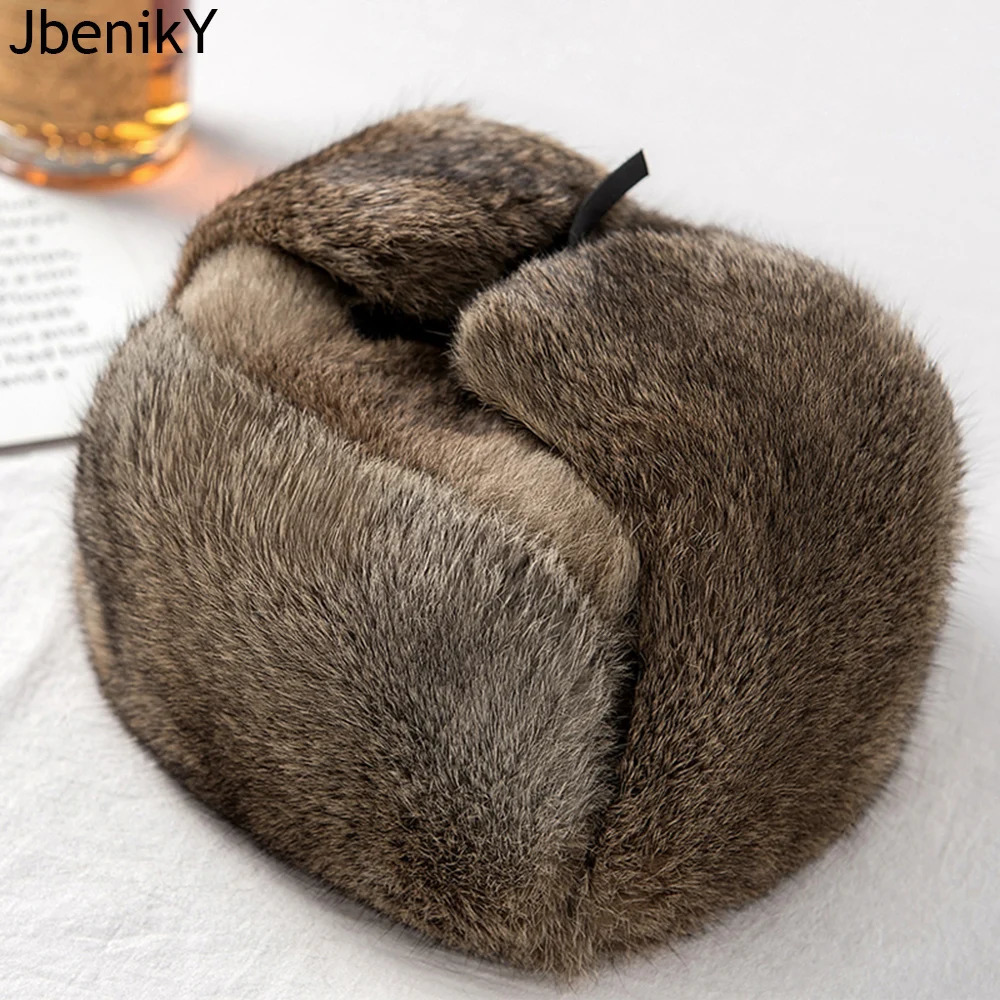 Thick and warm bomber hat mens real rabbit fur earrings catcher Russian hat mens plus size winter hat mens skiing Russian hat 241106