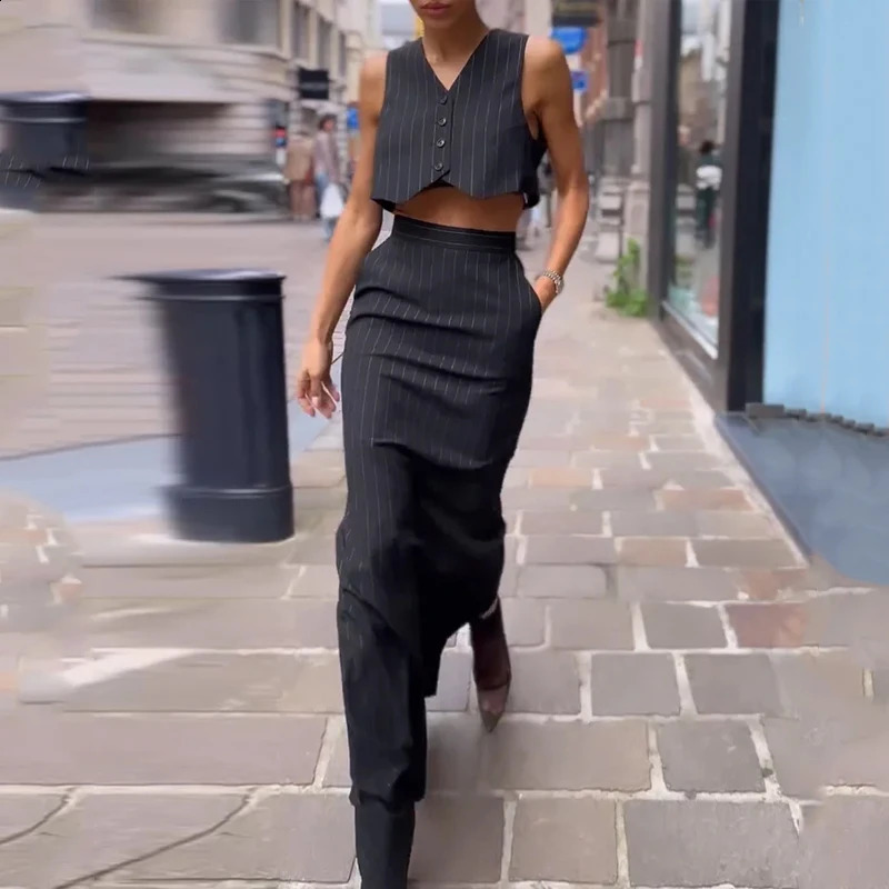 Wefads Two Piece Set Women Office Elegant Simple Striped Printed Sleeveless Single Breasted Button VestTop A Line Skirt Sets 240315