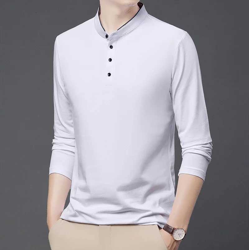 New mens business casual long Sved solid color cotton stand up collar shirt fashionable and breathable Versatile top W241106