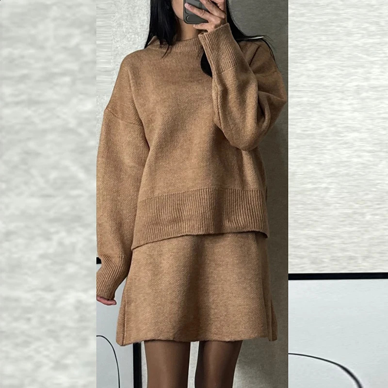 2024 Autumn Winter Knitted Womens Two Piece Sets Casual O-neck Long Sleeved Sweater Skirt Suits Vintage Commuting Slim Outfit 241105
