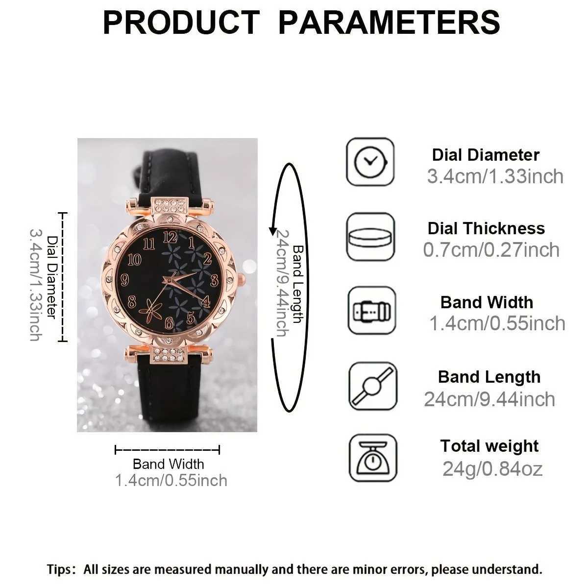 5 quartz watches for Wenpu leather watch black jewelry set perfect gift for her M girlfriend X241106
