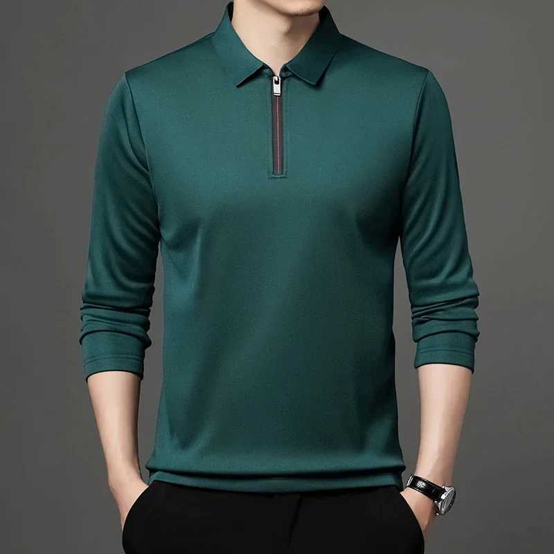Solid color long Sve shirt fashionable zipper mens collar cotton collar long Sve T-shirt W241106