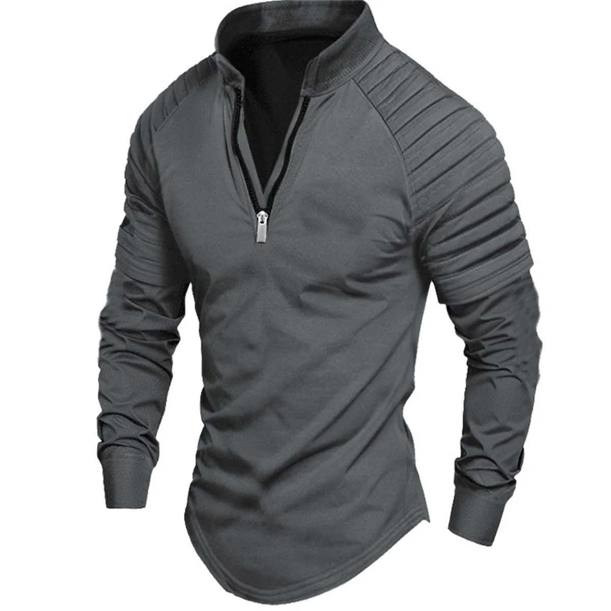Spring and autumn mens outdoor high standard style solid color zipper arm wrinkle design scle sports long Sve shirt W241106