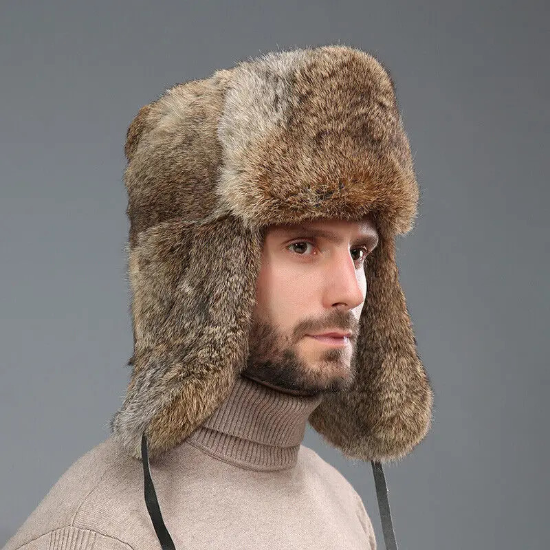 Mens Winter Warm Rabbit Fur Windproof Hat Catcher Earrings Ski Hat Warm Outdoor Work Earrings 241106