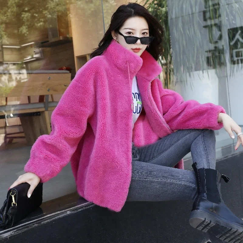 Women Winter Double Coral Fleece Warm Coat Stand Collar Plush Thick Overcoat Female Fashion Casual Long Sleeve Zipper Clothes 241106