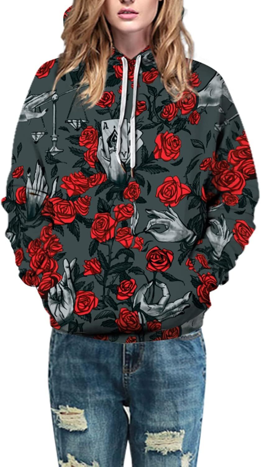 Hoodie for Mens Womens Mens Hoodies Novelty 3D Funny Printed Graphic Pullover Hoodie Sweatshirts with Pockets Graphic Hoodies sweatshirt rose