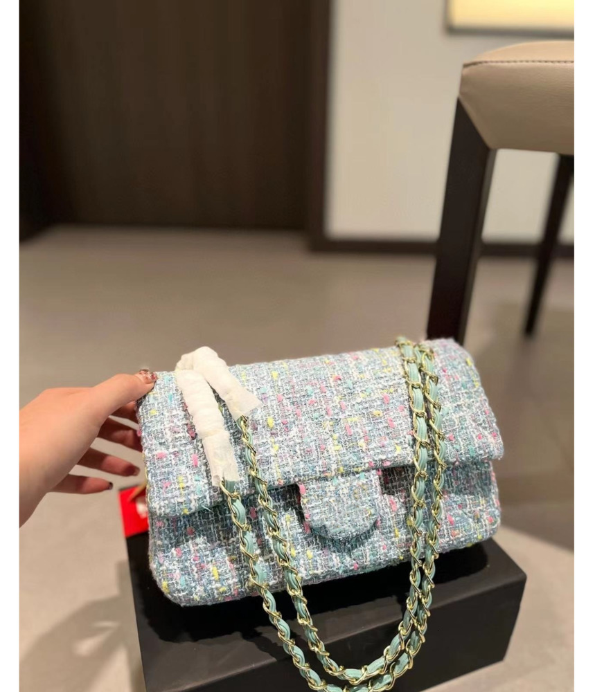 Designer - Womens Classic Double Flap Tweed Quilted Bags Gold Metal Hardware Chain Crossbody Shoulder Pochette Handbag 25CM