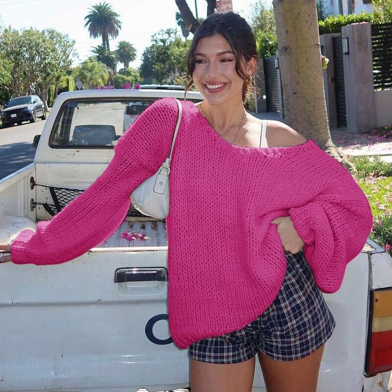 Talenza Knitted Off-Shoulder Women's Solid Color Casual Loose Large V-Neck Pullover Streetwear Slim Hollow Sweater Top