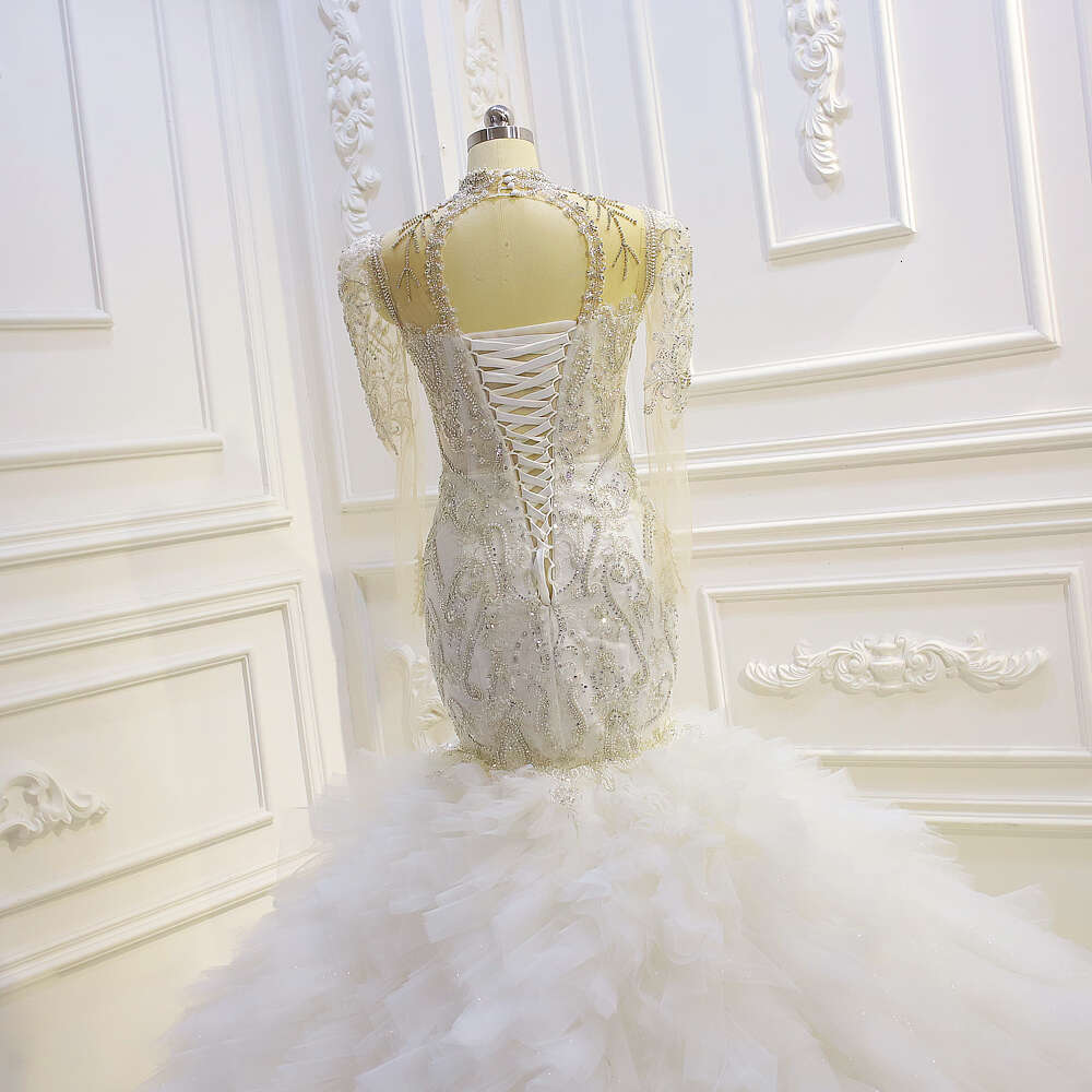 Heavy Beading High Neck Long Sleeve Ruffles Mermaid Wedding Dress