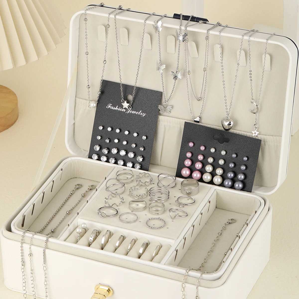 81 pieces of retro elegant imitation pearl zircon pendant earrings rings necklaces used for daily wear jewelry sets X241106