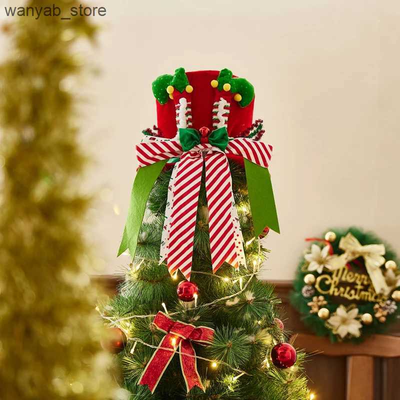 Wide Brim Hats Bucket Hats Christmas Tree Topper Cute Stripes Sequins Bows Hat Tree Top for Party Holiday Decoration Supplies L240910