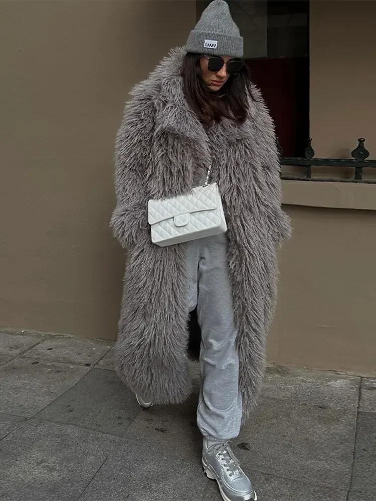 Fashion Long Fluffy Warm Full Sleeves Overcoat Elegant Thicken Faux Fur Coat For Women Fall Winter Female Chic Streetwear 241104