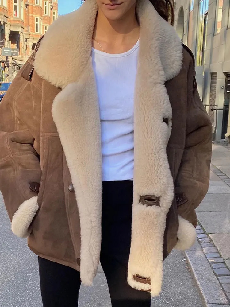 Vintage Khaki Faux Leather Warm Thick Fluffy Coat Women Long Sleeve Big Lapel Single Button Outerwear Autumn Winter Lady Jacket 241106