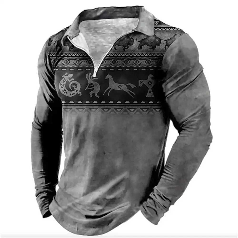 Retro mens 3D printed color long Sved zipper shirt autumn outdoor fashion clothing oversized breathable T-shirt W241106