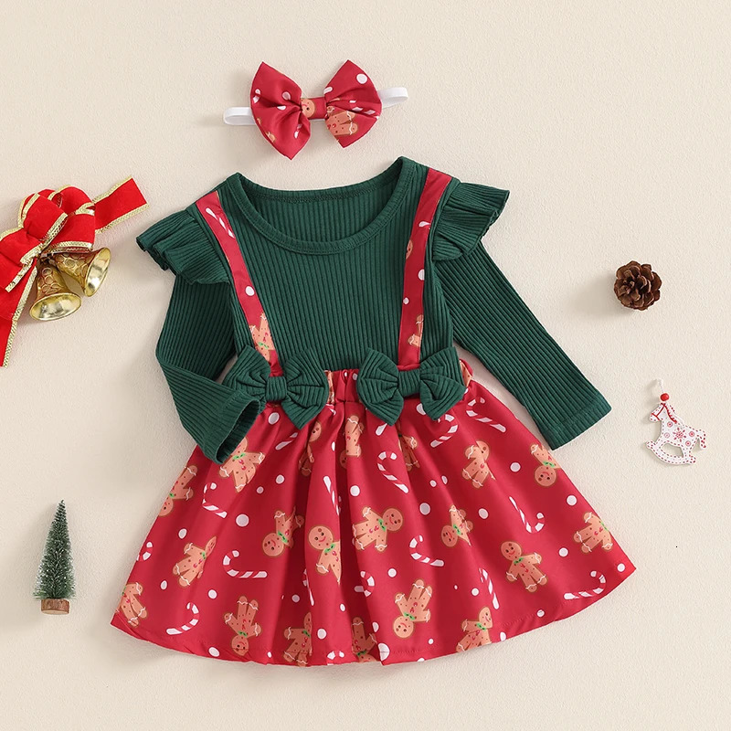 Toddler Baby Girls Christmas Skirt Set Plaid Gingerbread Man Bow Long Sleeve Ribbed Ruffled Overall Dress Headband 2Pcs Outfit 241106