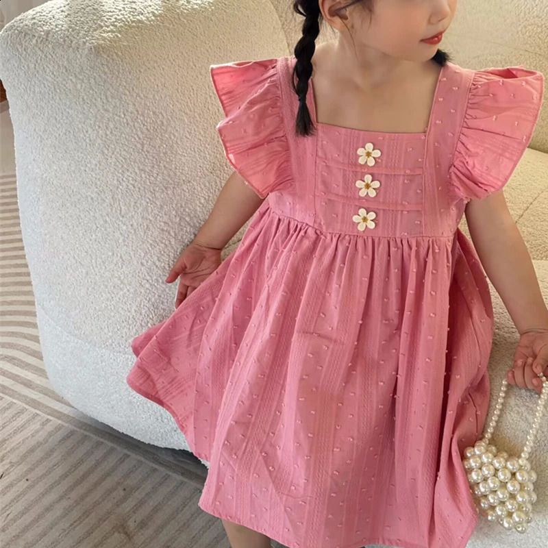 Girl Dress Summer Lovely Ruffle Sleeveless Solid Cotton Party Dresses for Children Casual Clothing Kids Fashion Style y240326bj