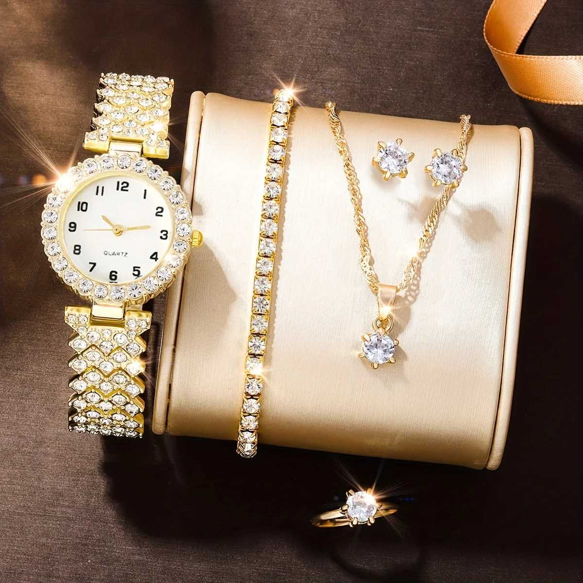 1 rhinestone decorated quartz analog watch and 5 jewelry sets Childrens Day gift X241106