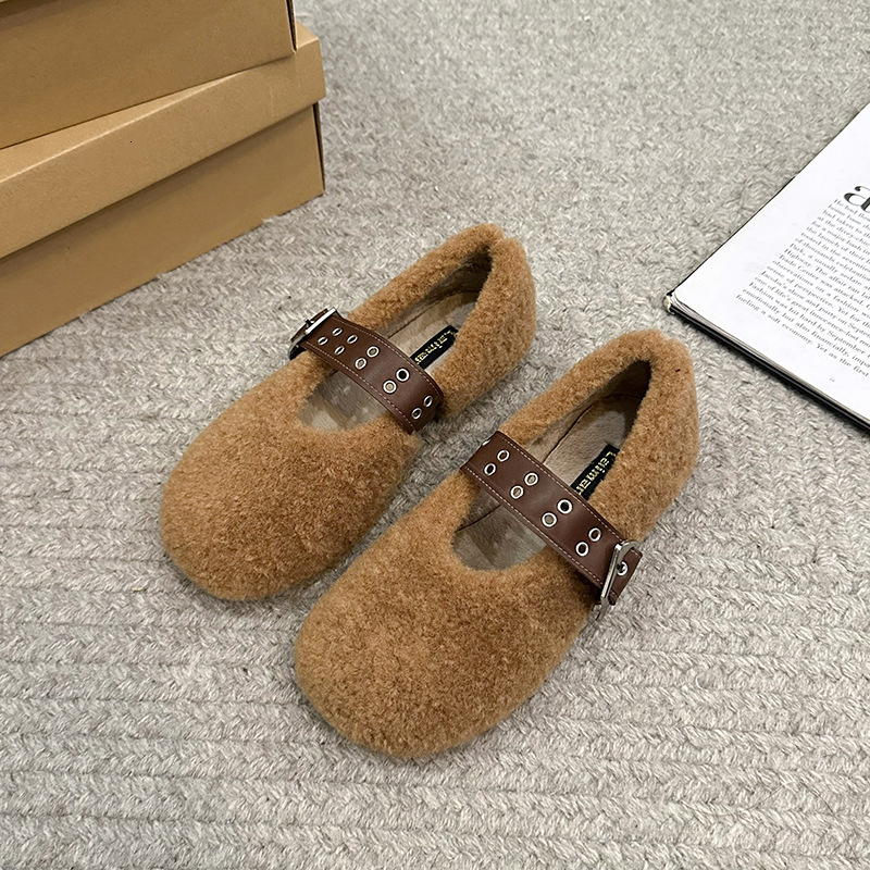 2024 Autumn/Winter New Lamb Wool Bean Women's Shoes with Velvet Warm Flat Fury Shoes Fashion Strap Single Shoes for Women