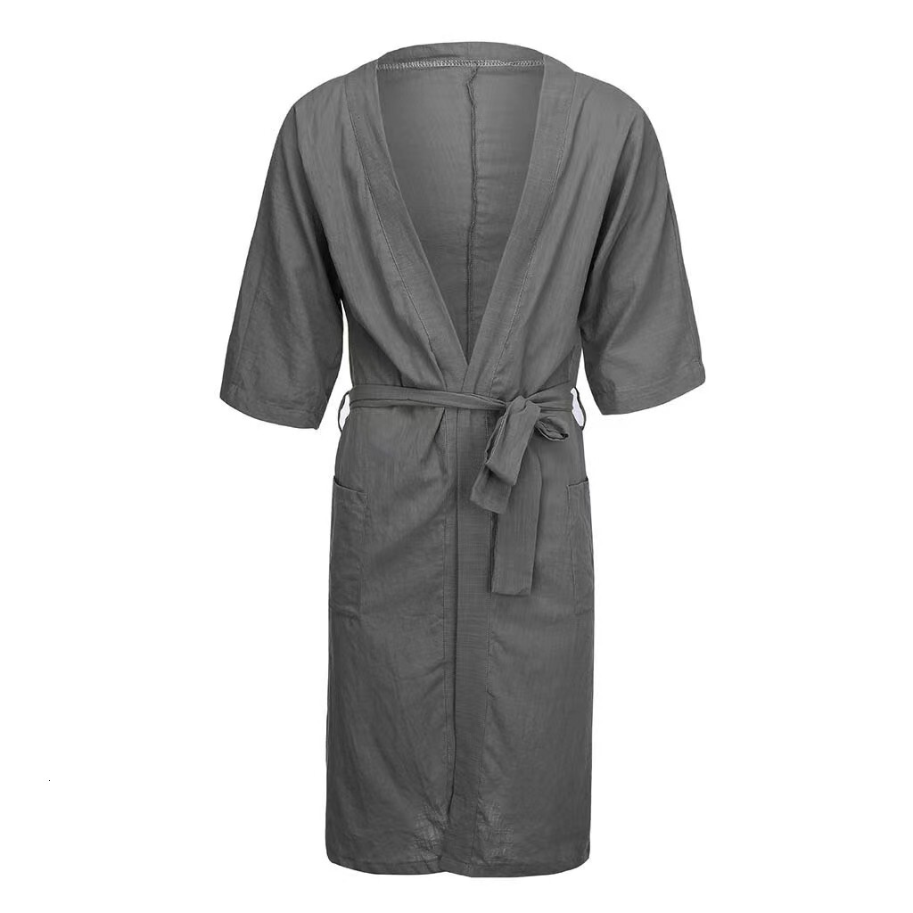 New men's long solid color linen sleepwear, nightgown, bathrobe style