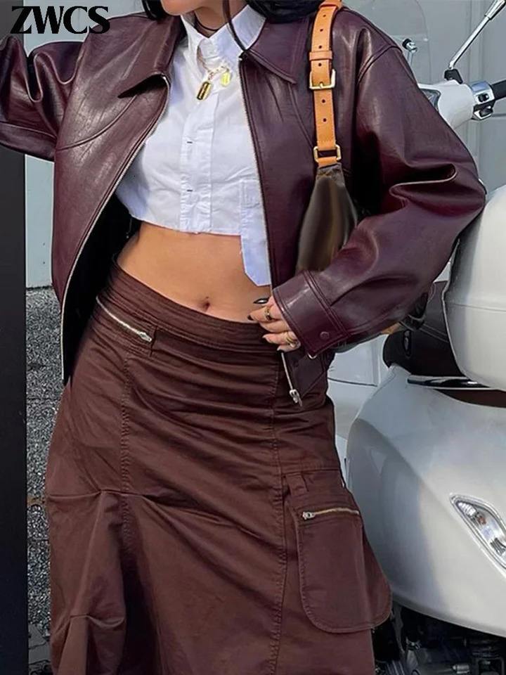 Fashion Leather Zipper Short Jackets Women Casual Lapel Long Sleeve Spliced Cropped Coats 2024 Autumn Lady Top Streetwears 241106