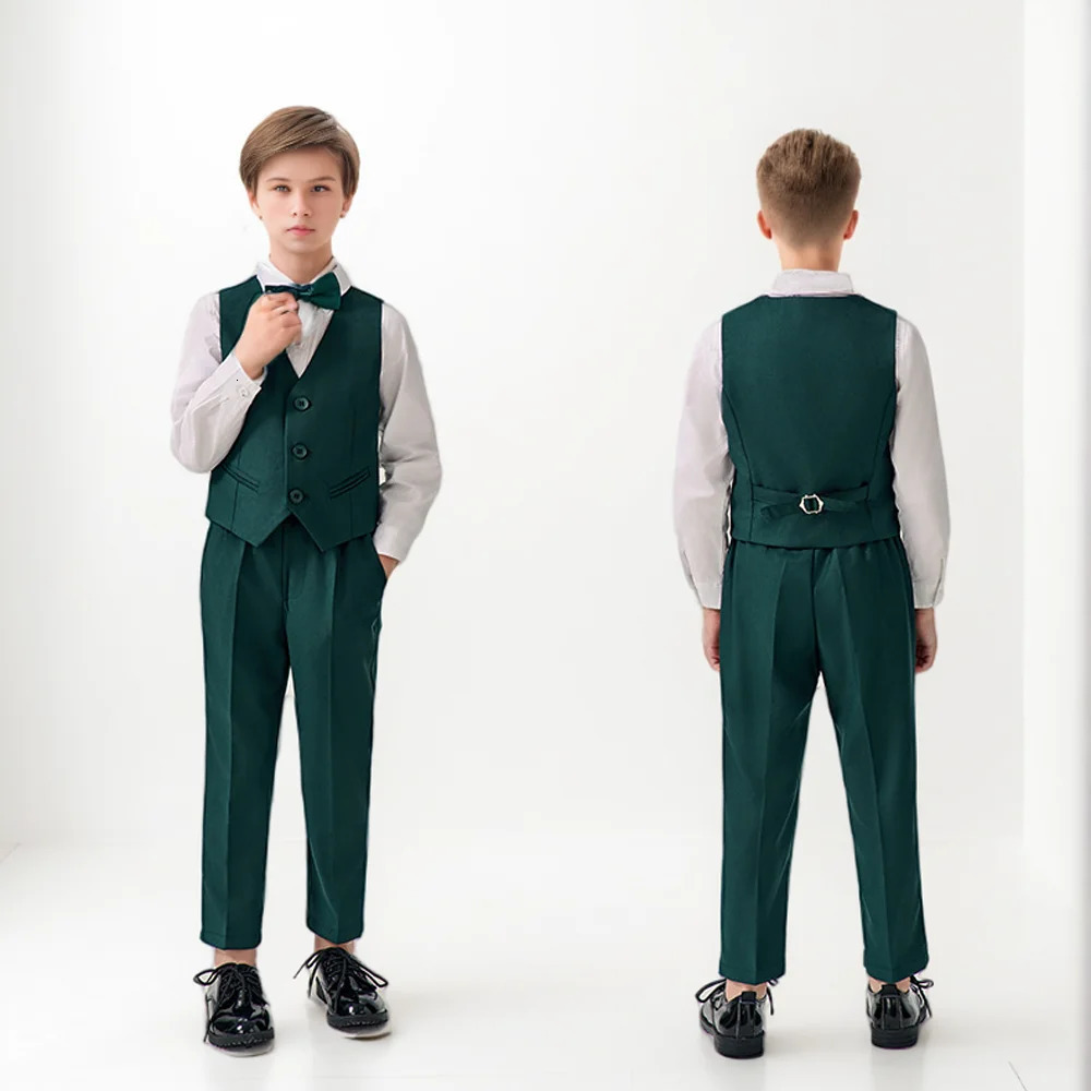 Boys Green High-end Suit Set Child Performance Wedding Birthday Pography Costume Kids Blazer Vest Pants Bowtie Outfit 241106