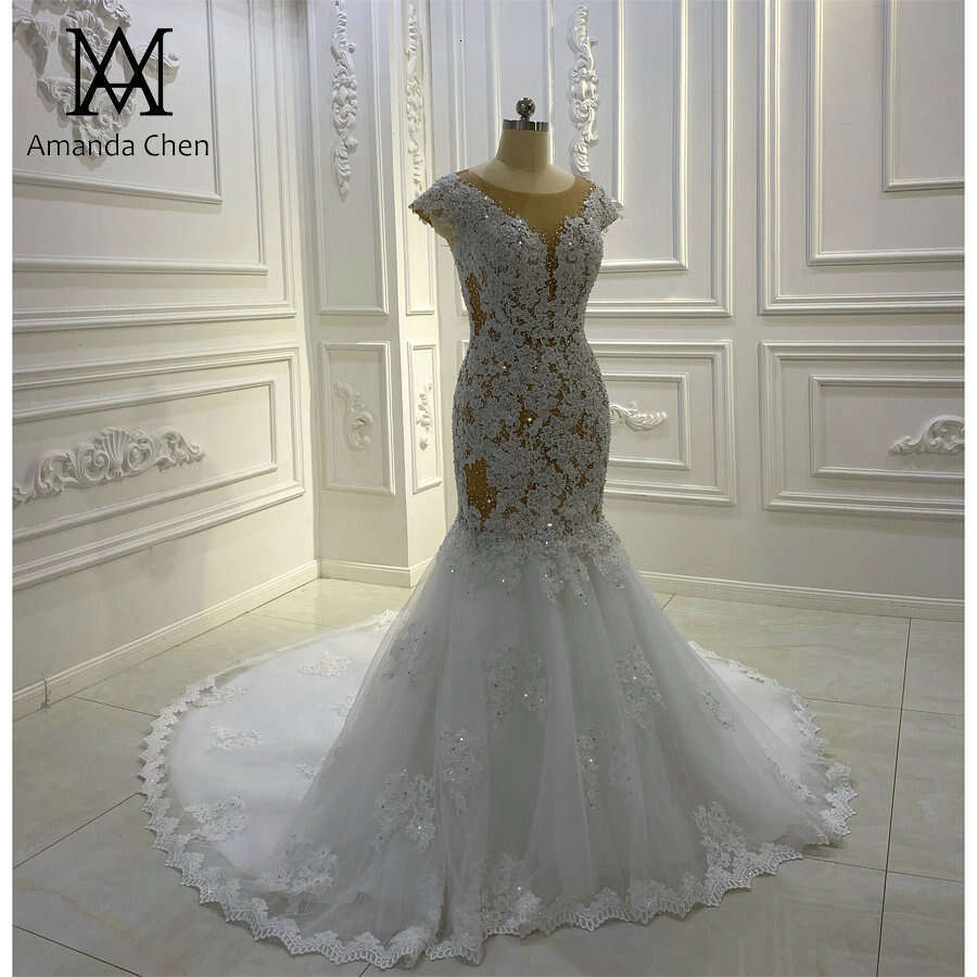 bruidsjurken Cap Sleeve Lace Appliques Crystal Mermaid Wedding Dress