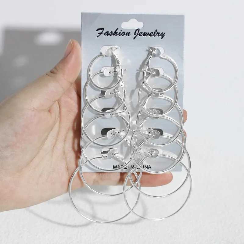 12 pieces/6 pairs of simple punk ring earrings set large round earrings suitable for warm girl earrings Oversi jewelry accessories X241106