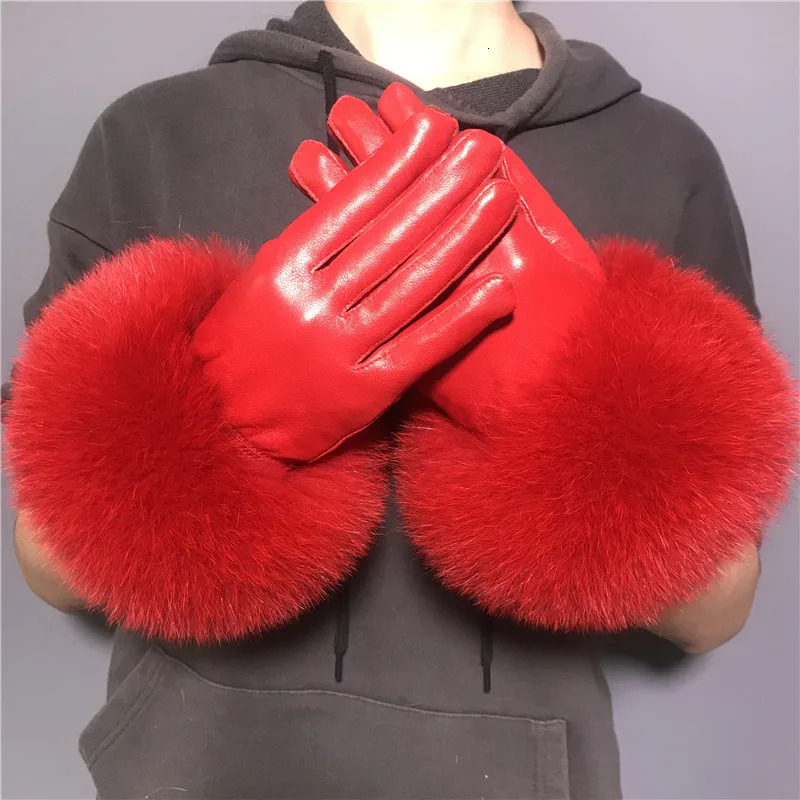 JxWatcher Wholesale Fox Fur Gloves Winter Womens Style Warm Sheepskin Leather Gloves Driving Thick Gloves 241106