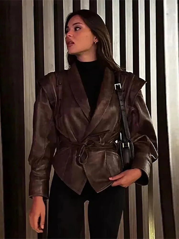 Fashion Warm Plush Leather Woman Jackets With Belt Lapel Long Sleeve Motorcycle Coats Lady 2024 Winter Street Outerwear 241106