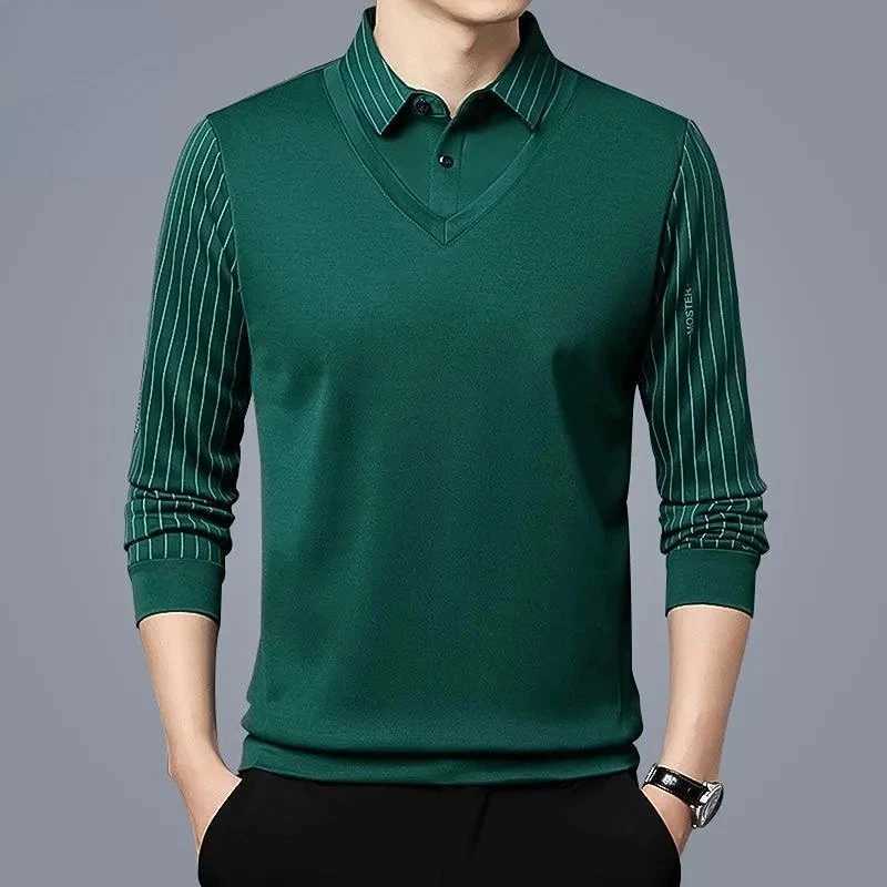 New mens T-shirt lapel spring autumn long Sve button striped print fashionable Ts casual top W241106